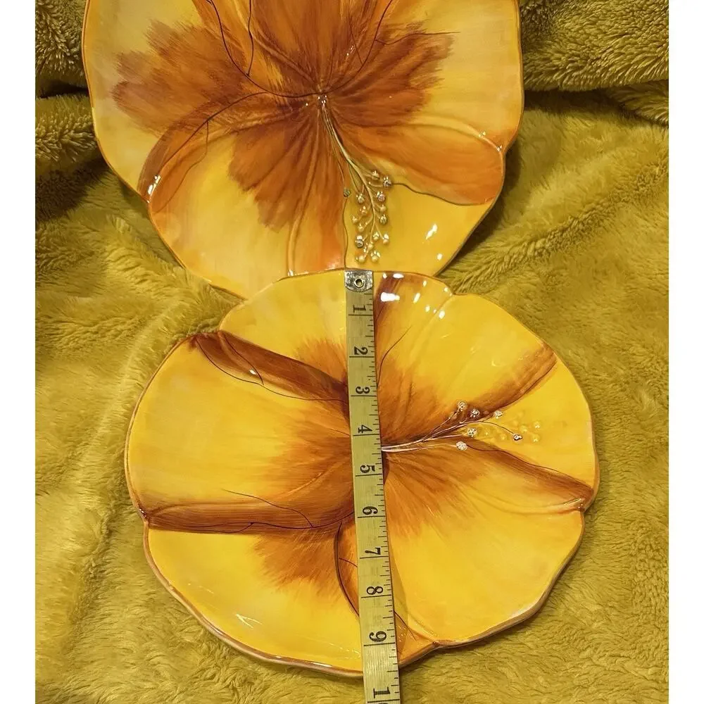 Gates Ware Flower Shaped Ceramic Plates Set Of 2 Spring Summer Orange hibiscus